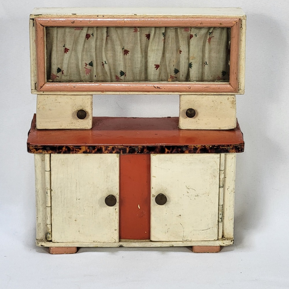 Vintage Wood Dollhouse Kitchen Cabinet Hutch Cupboard Cream Pink 7.75in Floral